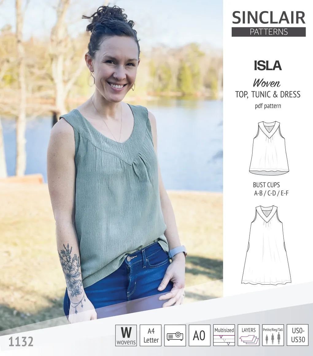 Isla V-neck sleeveless top, tunic and dress for woven and knit fabrics (PDF)