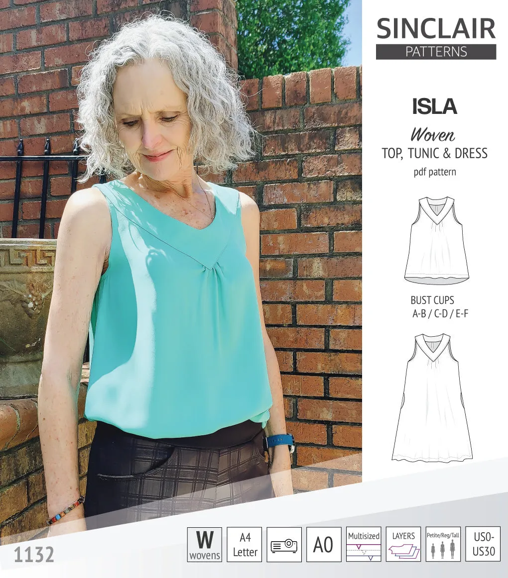 Isla V-neck sleeveless top, tunic and dress for woven and knit fabrics (PDF)