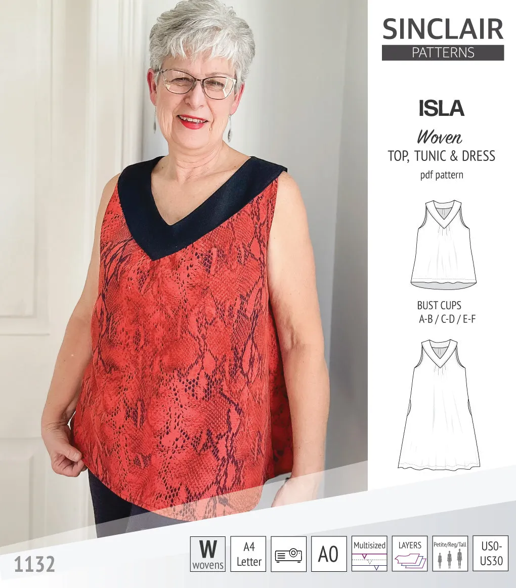 Isla V-neck sleeveless top, tunic and dress for woven and knit fabrics (PDF)