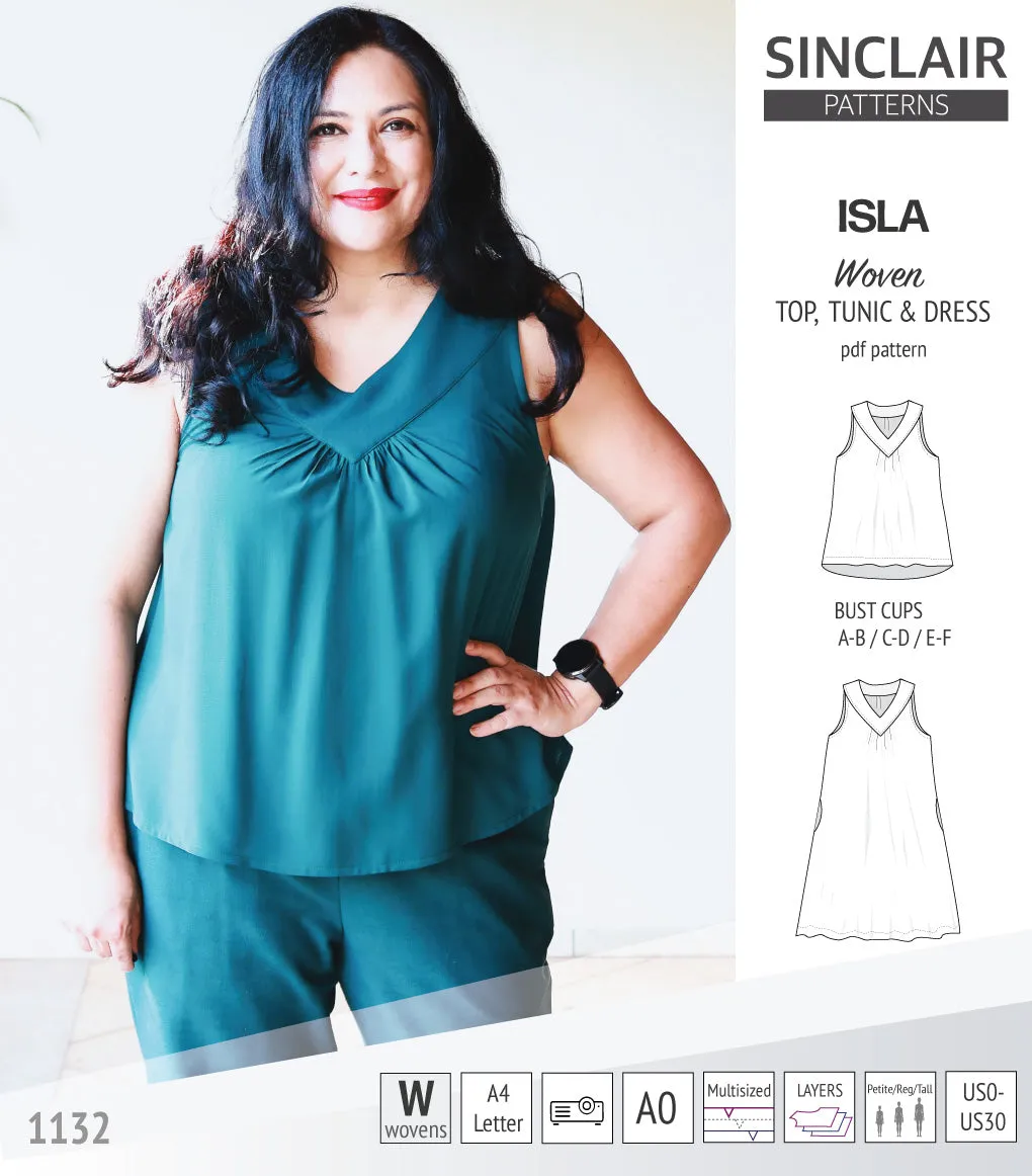 Isla V-neck sleeveless top, tunic and dress for woven and knit fabrics (PDF)