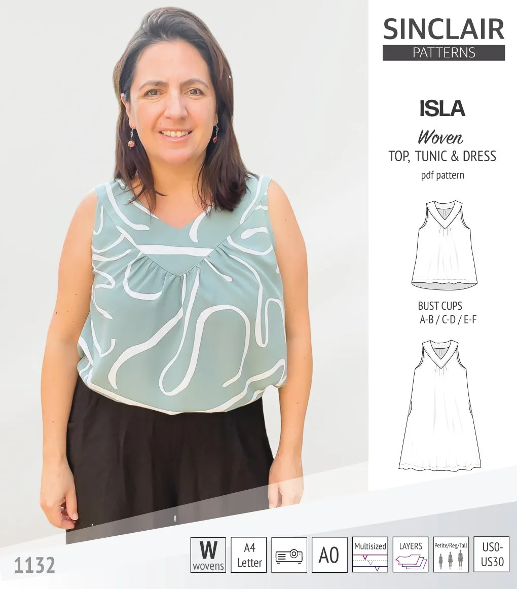 Isla V-neck sleeveless top, tunic and dress for woven and knit fabrics (PDF)