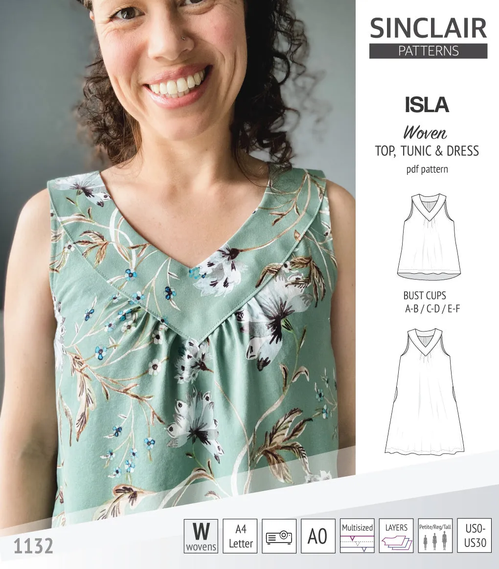 Isla V-neck sleeveless top, tunic and dress for woven and knit fabrics (PDF)