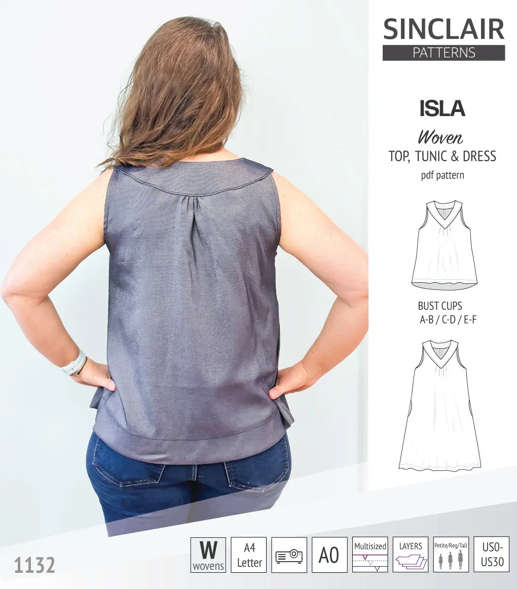 Isla V-neck sleeveless top, tunic and dress for woven and knit fabrics (PDF)