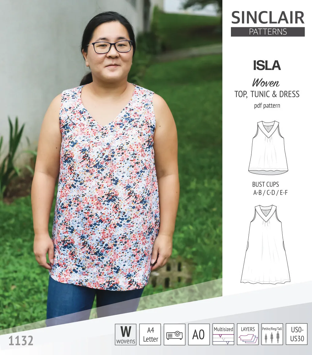 Isla V-neck sleeveless top, tunic and dress for woven and knit fabrics (PDF)