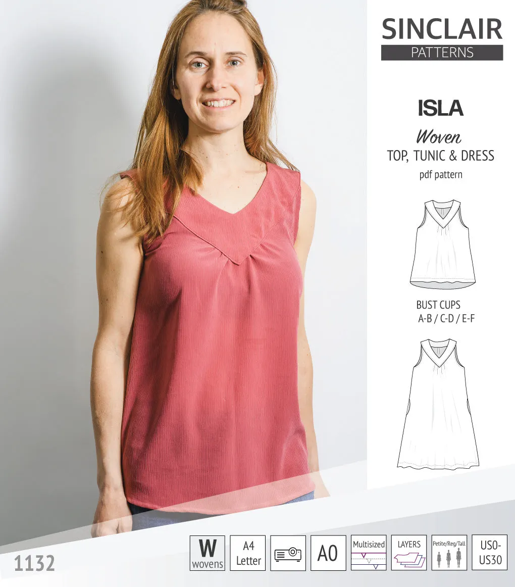 Isla V-neck sleeveless top, tunic and dress for woven and knit fabrics (PDF)