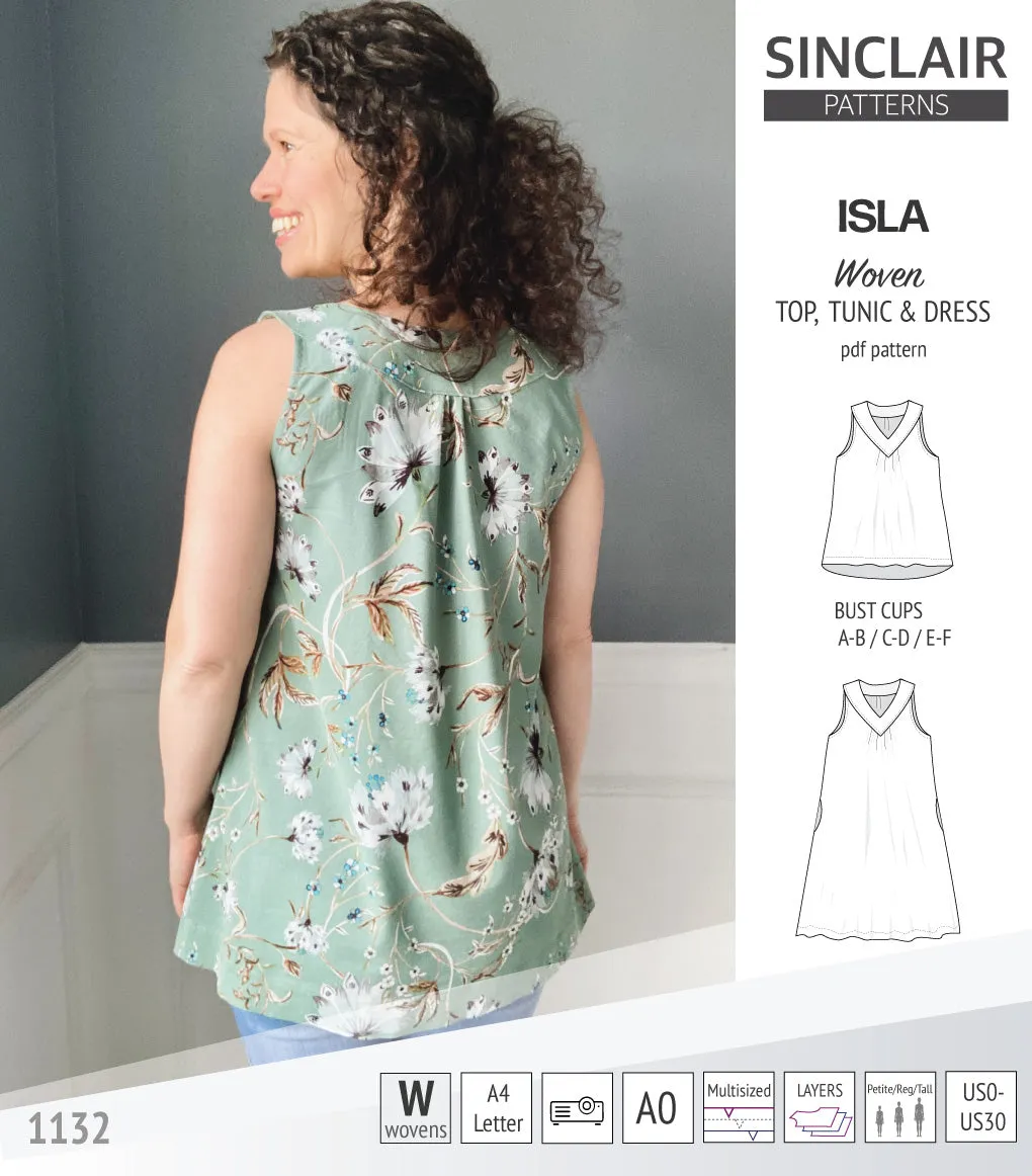 Isla V-neck sleeveless top, tunic and dress for woven and knit fabrics (PDF)