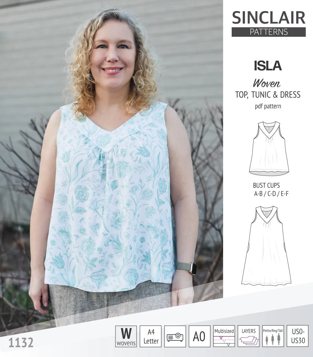 Isla V-neck sleeveless top, tunic and dress for woven and knit fabrics (PDF)