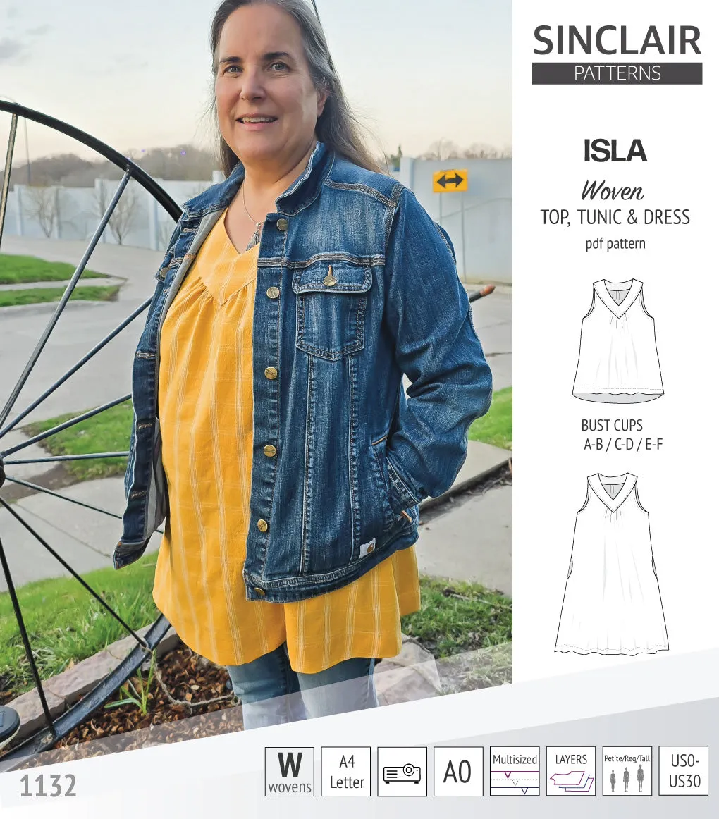 Isla V-neck sleeveless top, tunic and dress for woven and knit fabrics (PDF)