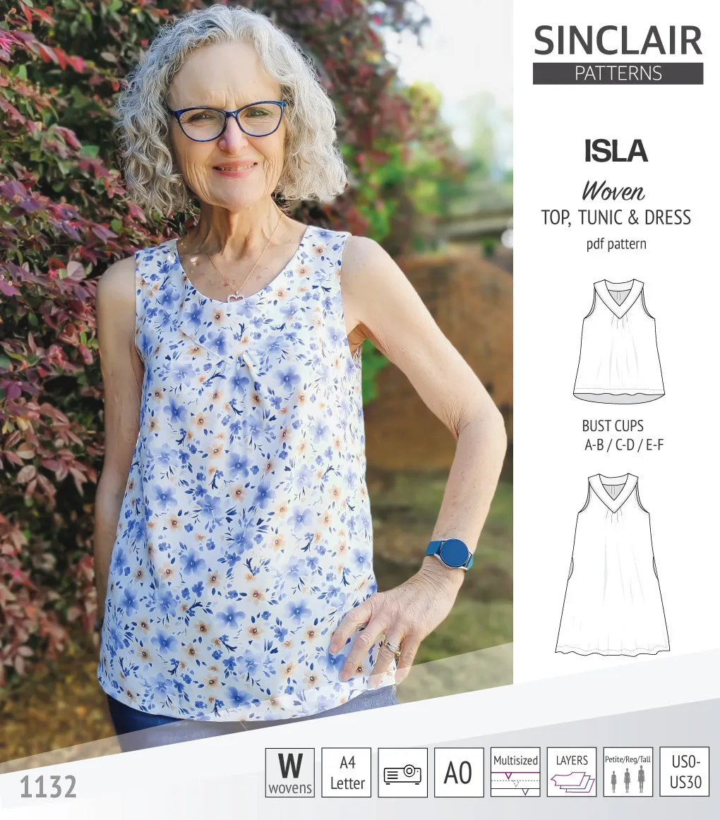 Isla V-neck sleeveless top, tunic and dress for woven and knit fabrics (PDF)
