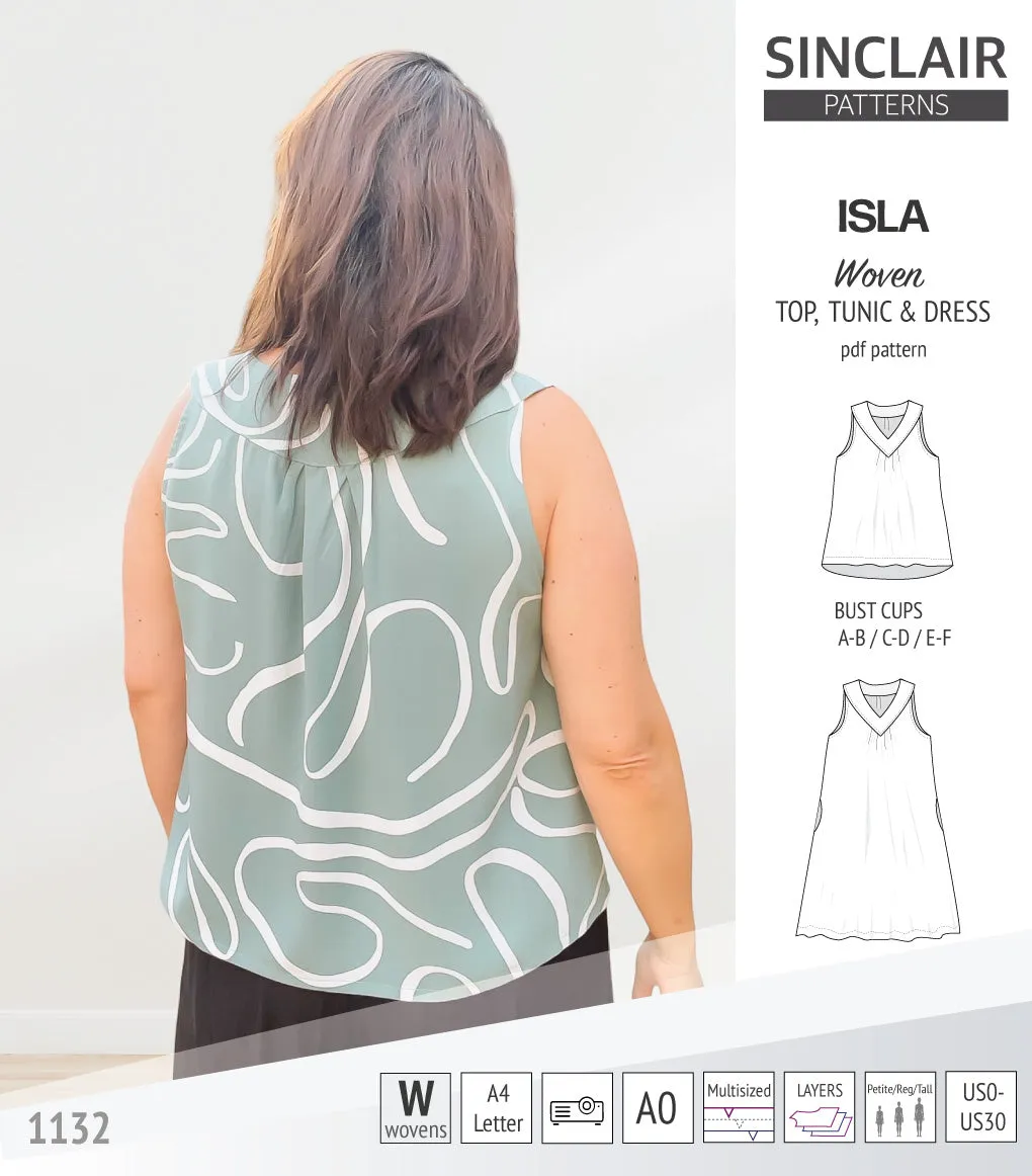 Isla V-neck sleeveless top, tunic and dress for woven and knit fabrics (PDF)