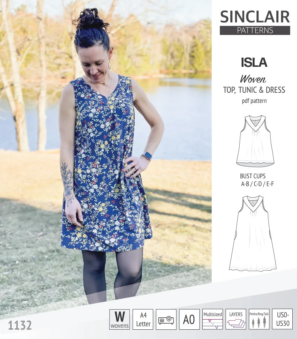 Isla V-neck sleeveless top, tunic and dress for woven and knit fabrics (PDF)