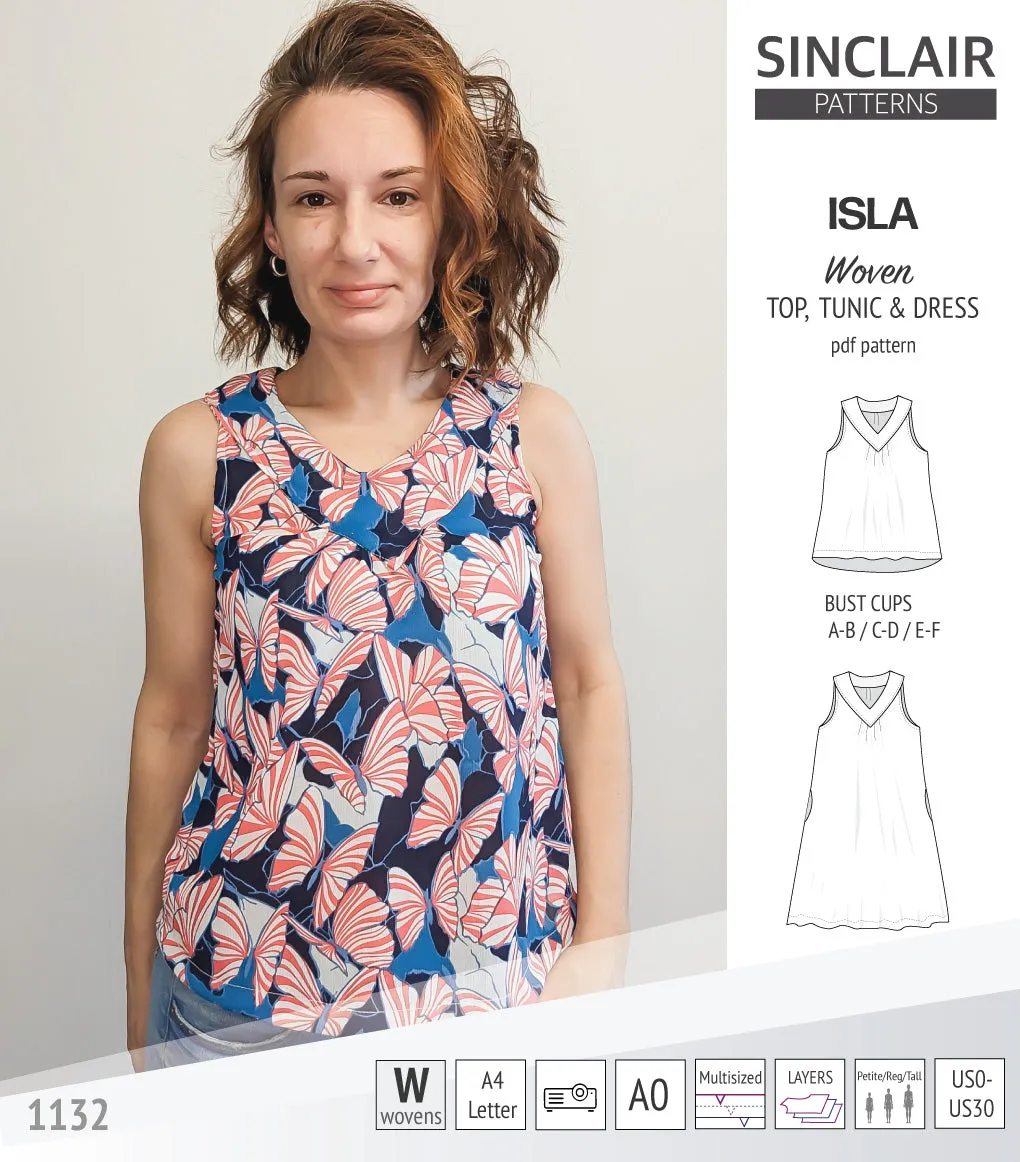 Isla V-neck sleeveless top, tunic and dress for woven and knit fabrics (PDF)