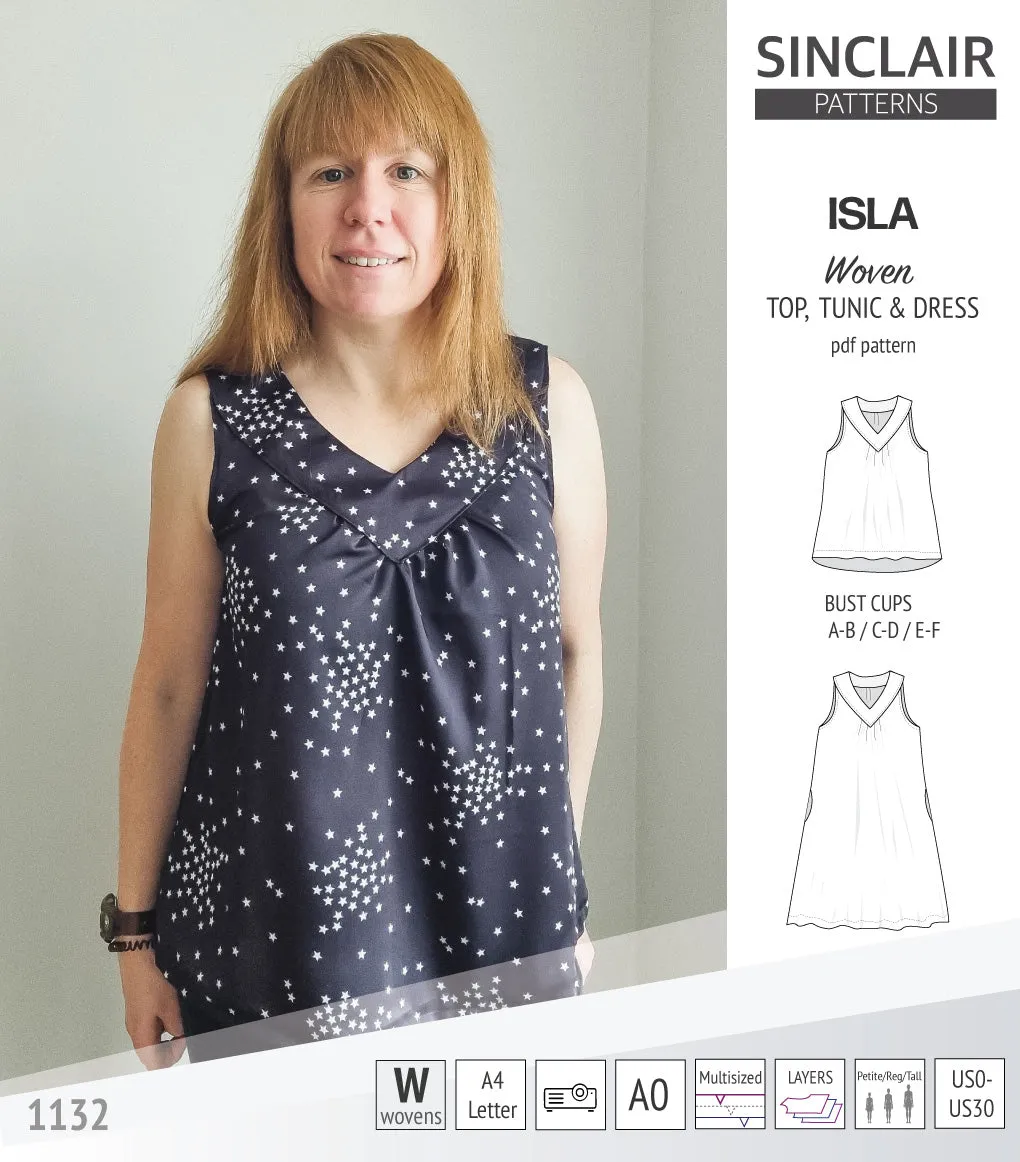 Isla V-neck sleeveless top, tunic and dress for woven and knit fabrics (PDF)