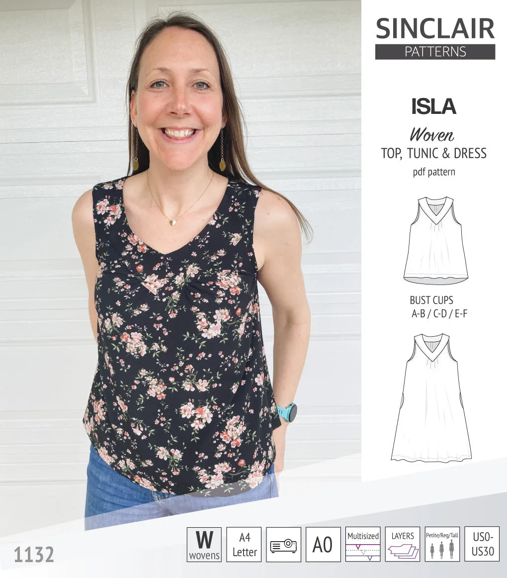 Isla V-neck sleeveless top, tunic and dress for woven and knit fabrics (PDF)