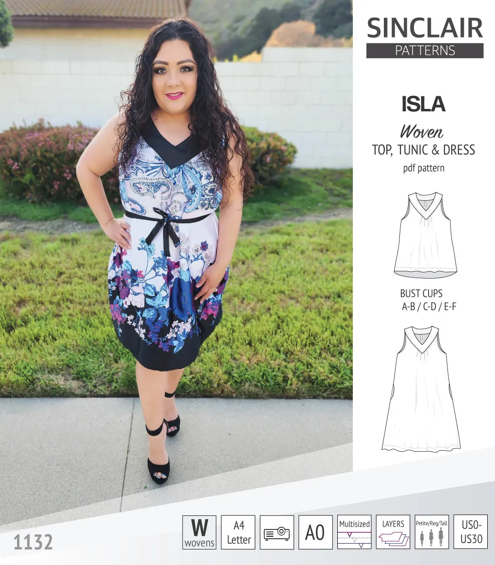 Isla V-neck sleeveless top, tunic and dress for woven and knit fabrics (PDF)