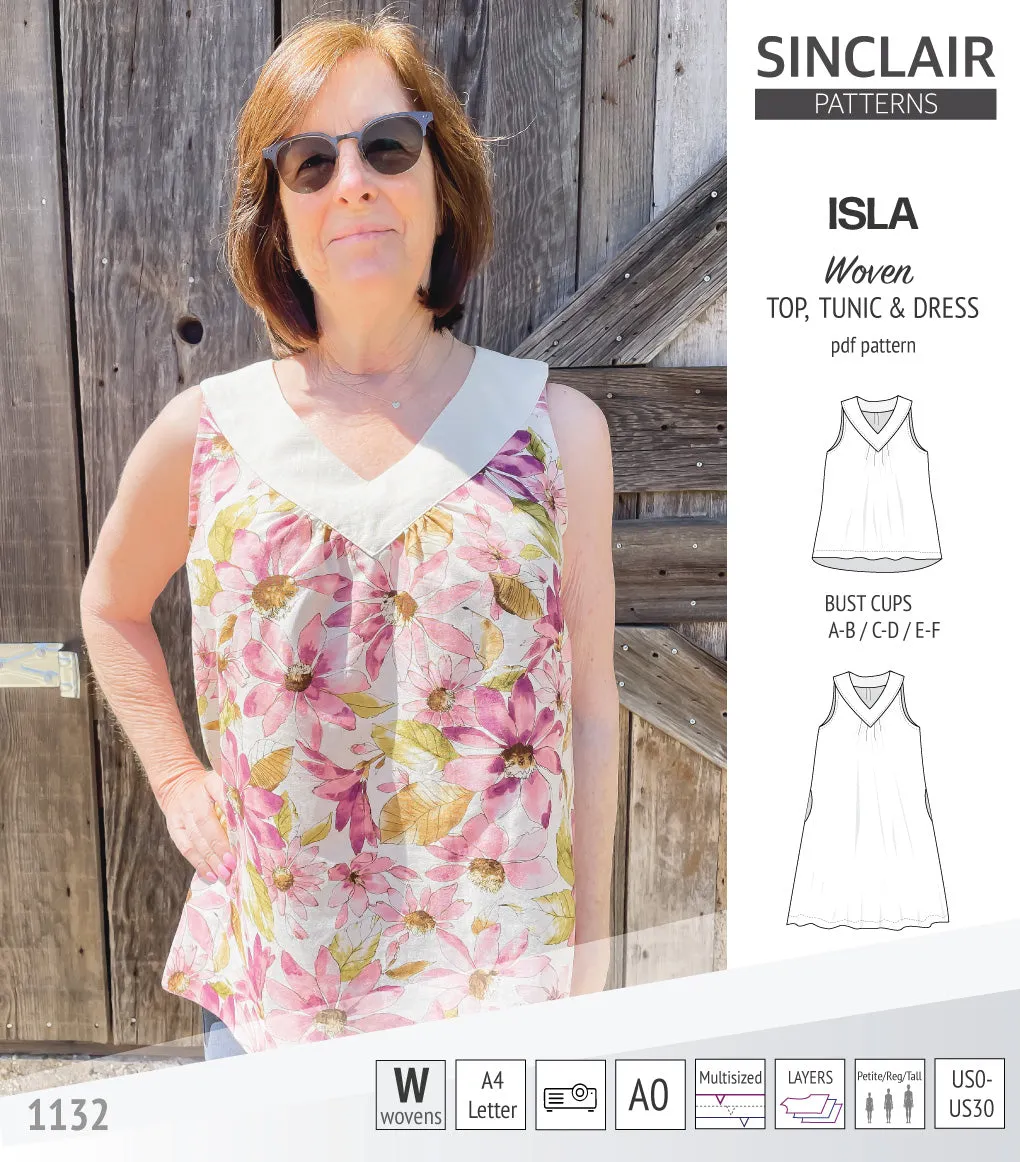 Isla V-neck sleeveless top, tunic and dress for woven and knit fabrics (PDF)