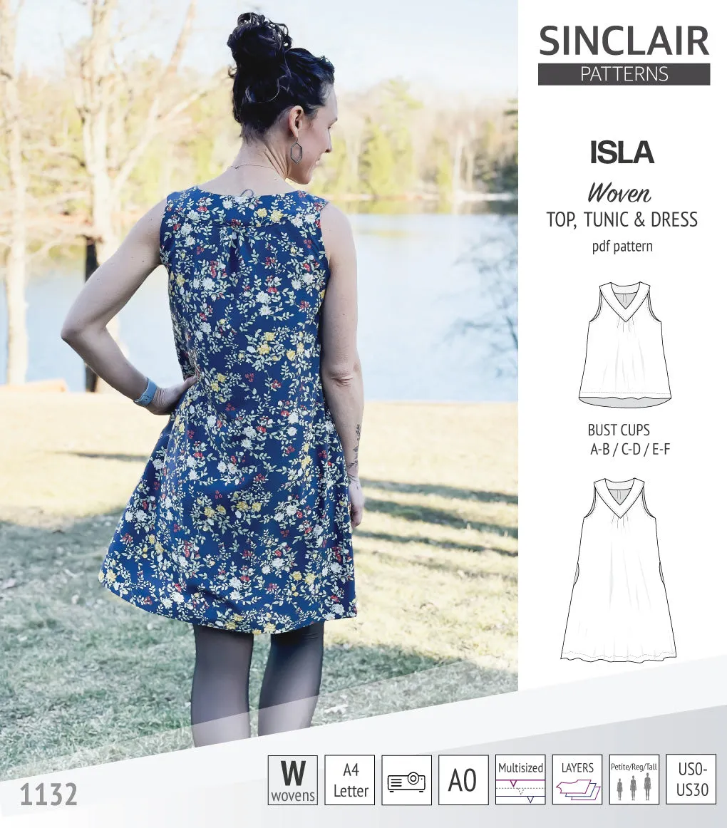Isla V-neck sleeveless top, tunic and dress for woven and knit fabrics (PDF)