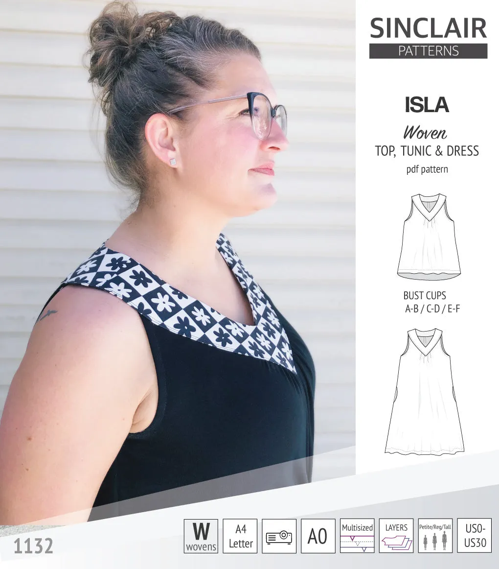 Isla V-neck sleeveless top, tunic and dress for woven and knit fabrics (PDF)