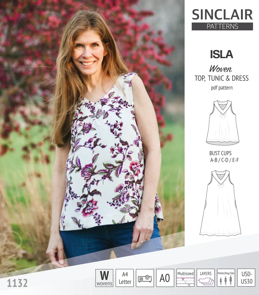 Isla V-neck sleeveless top, tunic and dress for woven and knit fabrics (PDF)