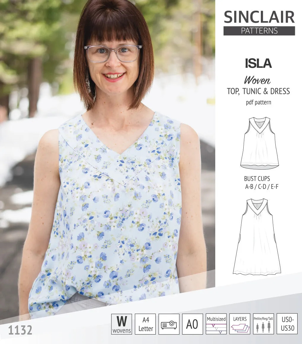 Isla V-neck sleeveless top, tunic and dress for woven and knit fabrics (PDF)
