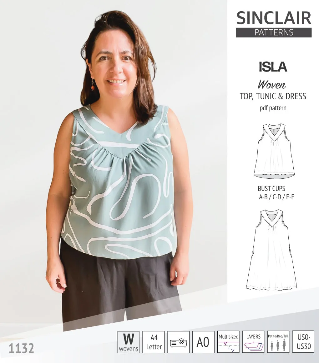 Isla V-neck sleeveless top, tunic and dress for woven and knit fabrics (PDF)