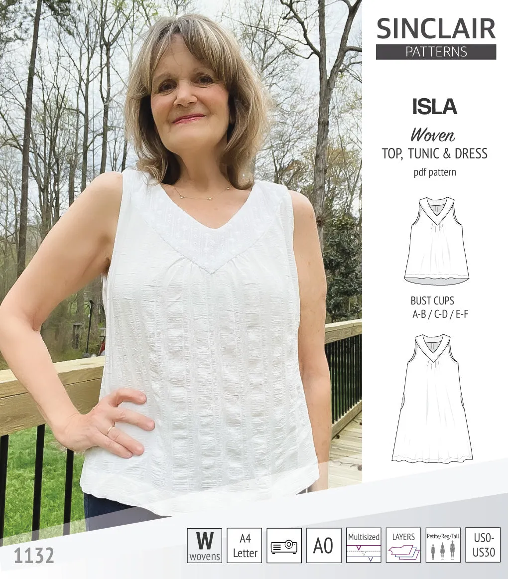 Isla V-neck sleeveless top, tunic and dress for woven and knit fabrics (PDF)