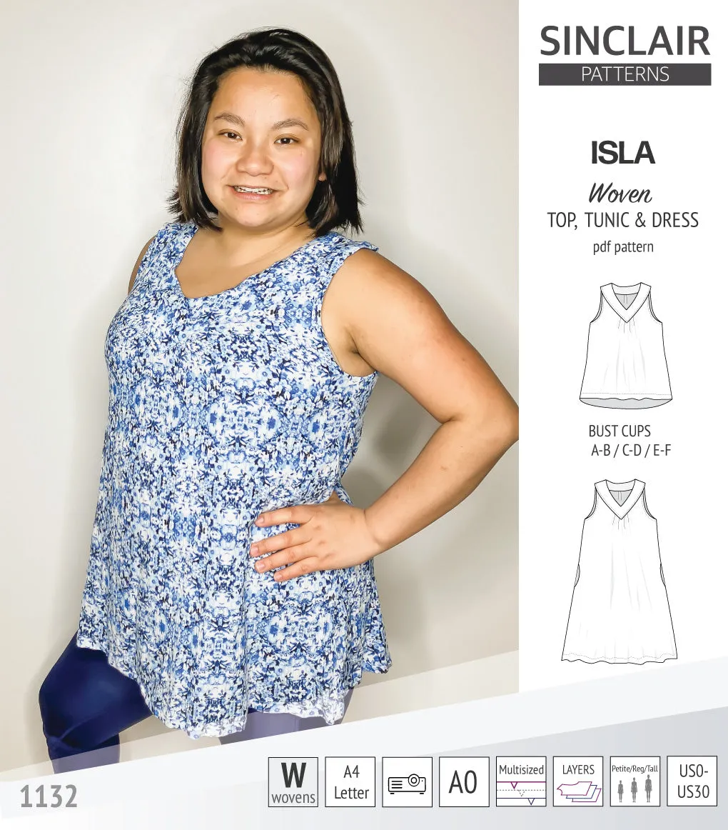 Isla V-neck sleeveless top, tunic and dress for woven and knit fabrics (PDF)
