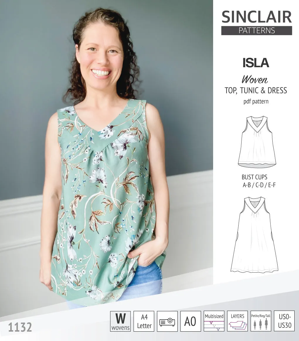 Isla V-neck sleeveless top, tunic and dress for woven and knit fabrics (PDF)