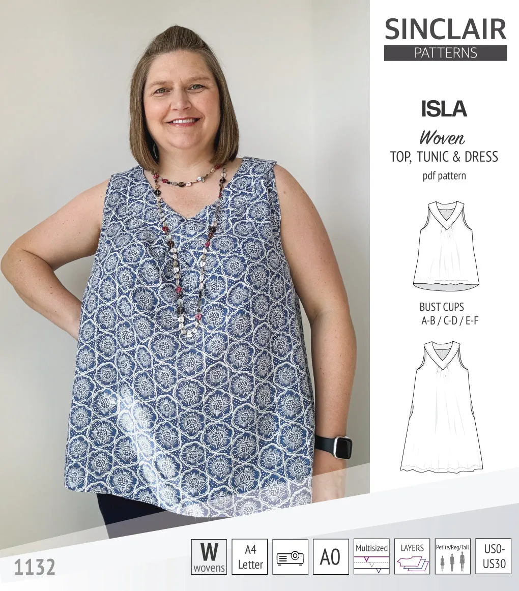 Isla V-neck sleeveless top, tunic and dress for woven and knit fabrics (PDF)