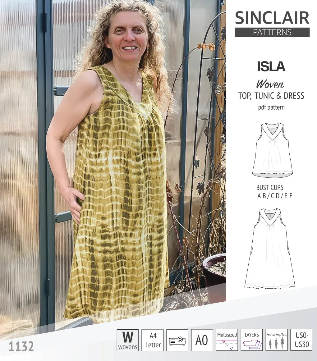 Isla V-neck sleeveless top, tunic and dress for woven and knit fabrics (PDF)