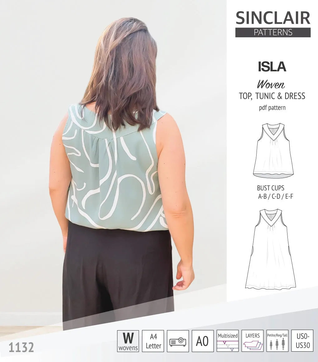 Isla V-neck sleeveless top, tunic and dress for woven and knit fabrics (PDF)