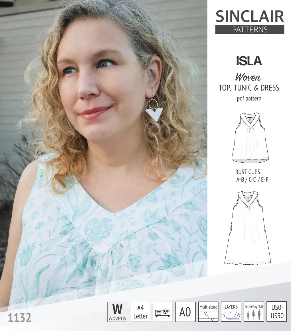 Isla V-neck sleeveless top, tunic and dress for woven and knit fabrics (PDF)