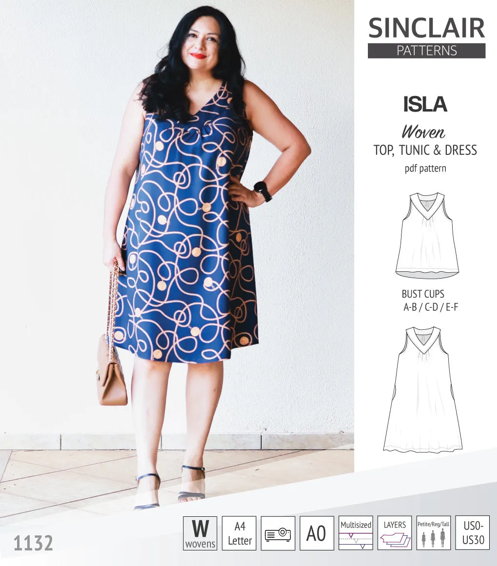 Isla V-neck sleeveless top, tunic and dress for woven and knit fabrics (PDF)
