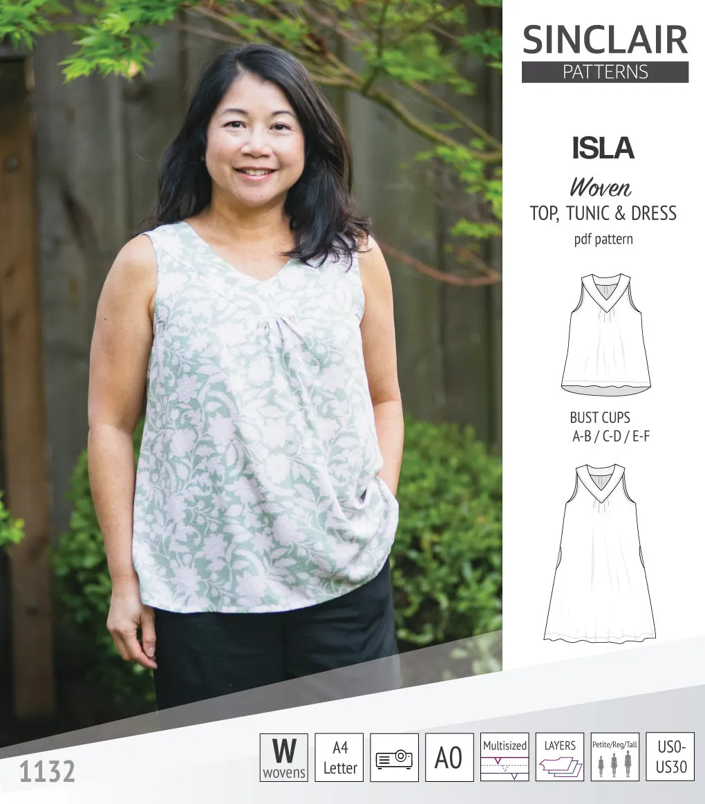 Isla V-neck sleeveless top, tunic and dress for woven and knit fabrics (PDF)
