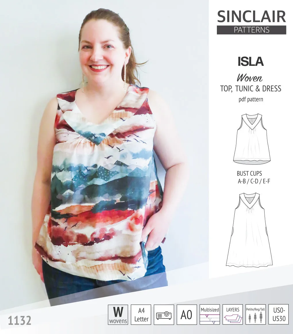 Isla V-neck sleeveless top, tunic and dress for woven and knit fabrics (PDF)