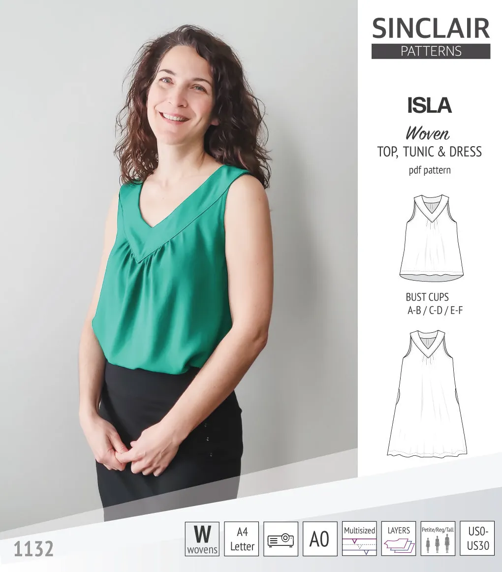 Isla V-neck sleeveless top, tunic and dress for woven and knit fabrics (PDF)