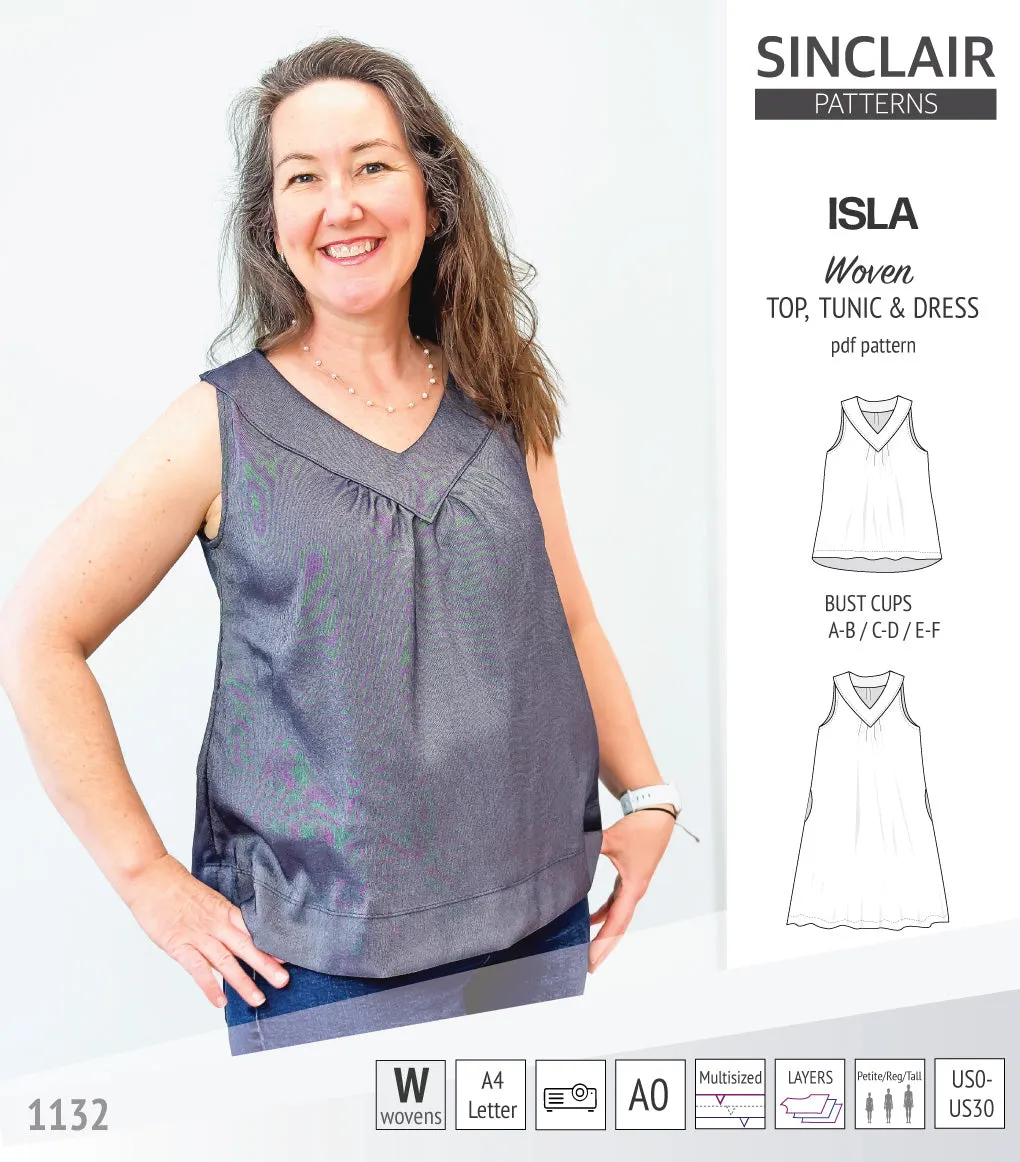 Isla V-neck sleeveless top, tunic and dress for woven and knit fabrics (PDF)