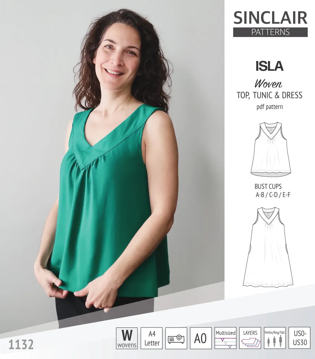Isla V-neck sleeveless top, tunic and dress for woven and knit fabrics (PDF)