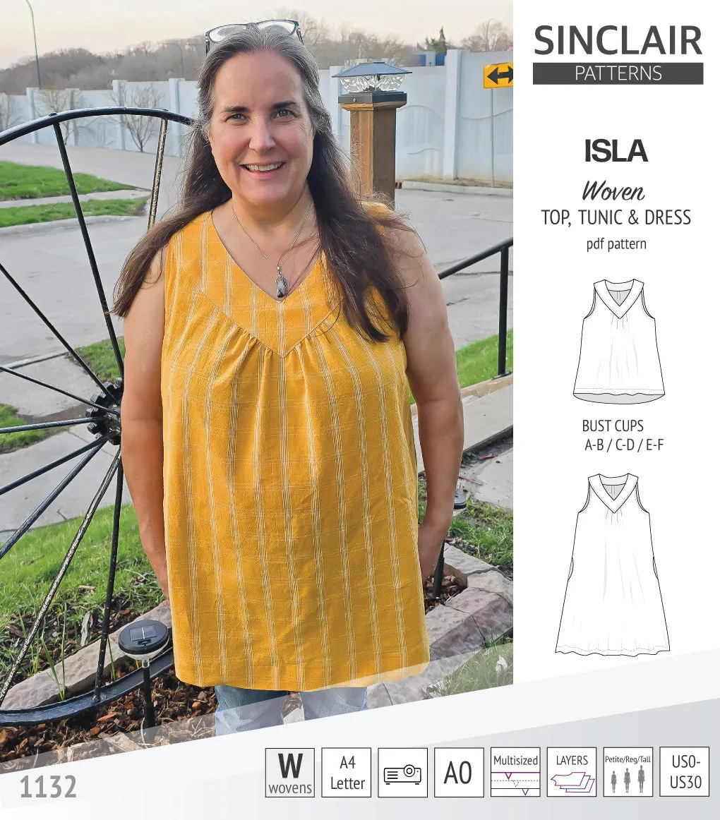 Isla V-neck sleeveless top, tunic and dress for woven and knit fabrics (PDF)
