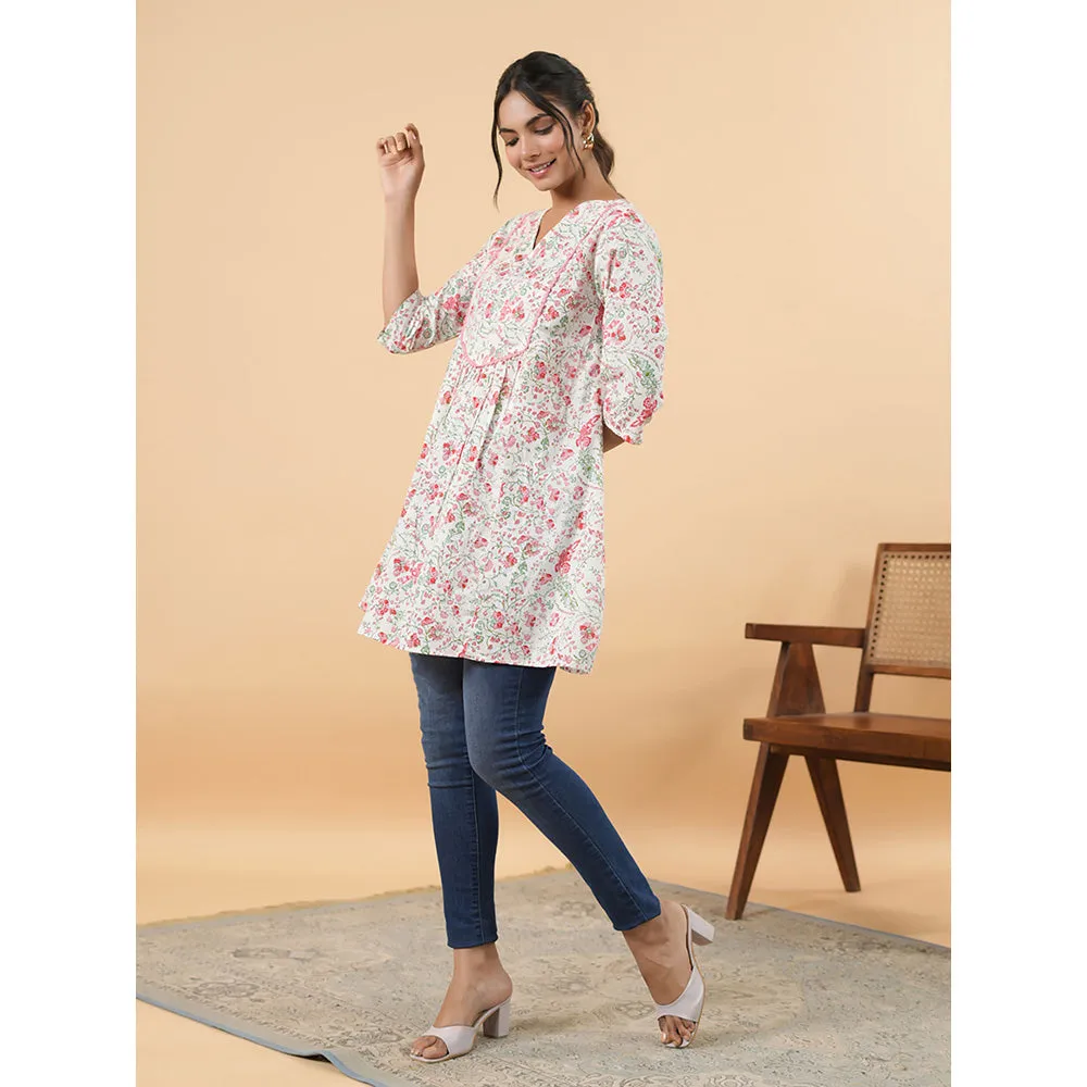 Janasya Women White Cotton Floral A-Line Tunic