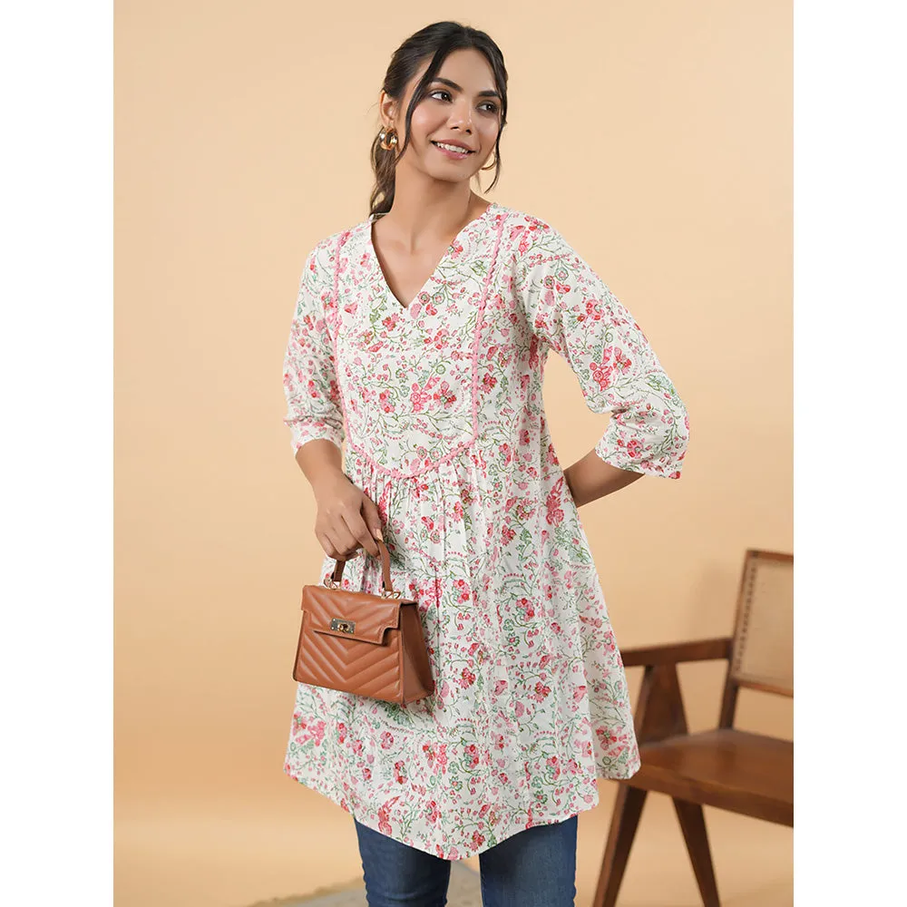 Janasya Women White Cotton Floral A-Line Tunic
