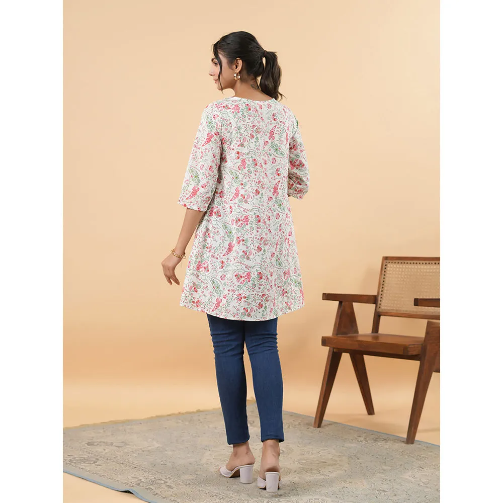 Janasya Women White Cotton Floral A-Line Tunic