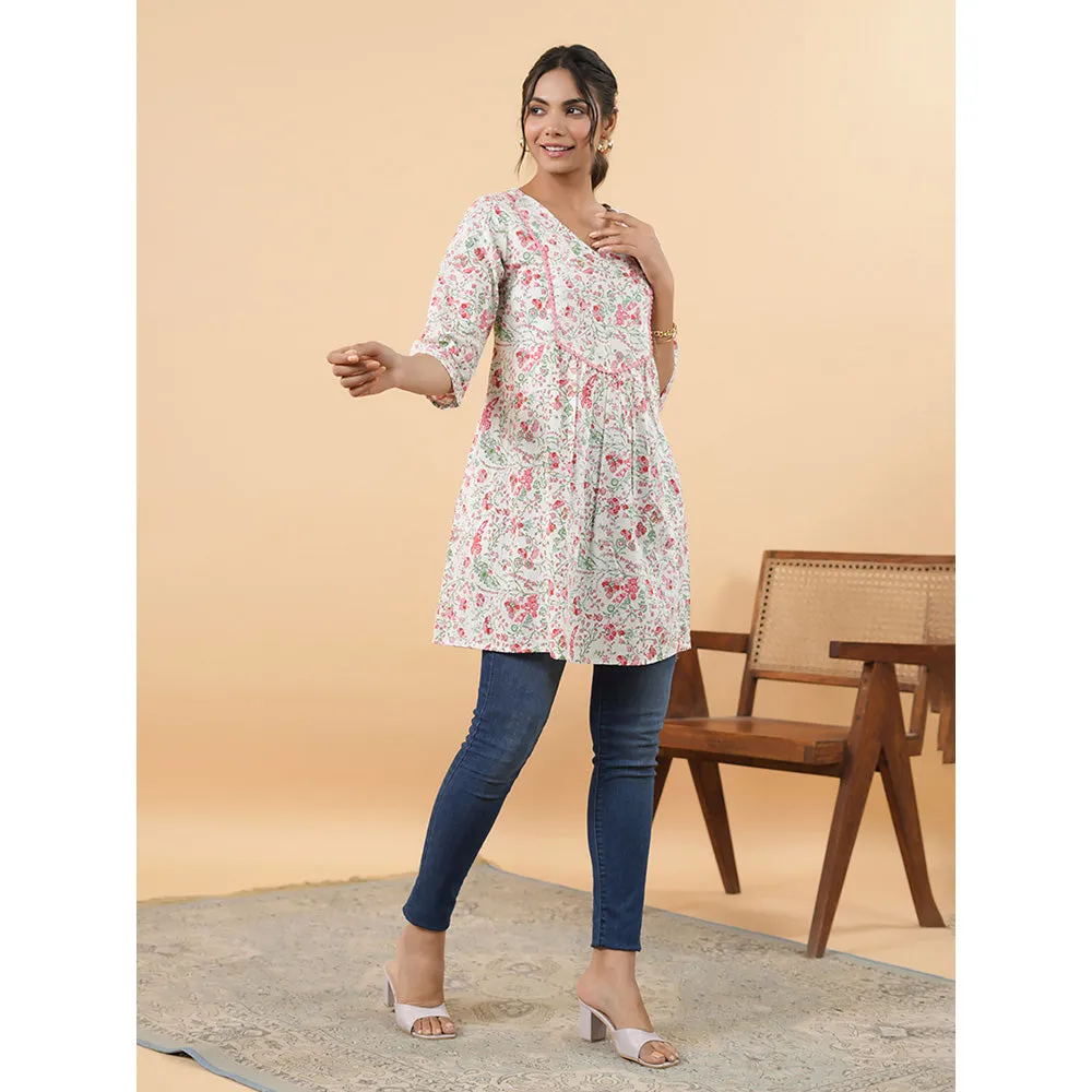 Janasya Women White Cotton Floral A-Line Tunic