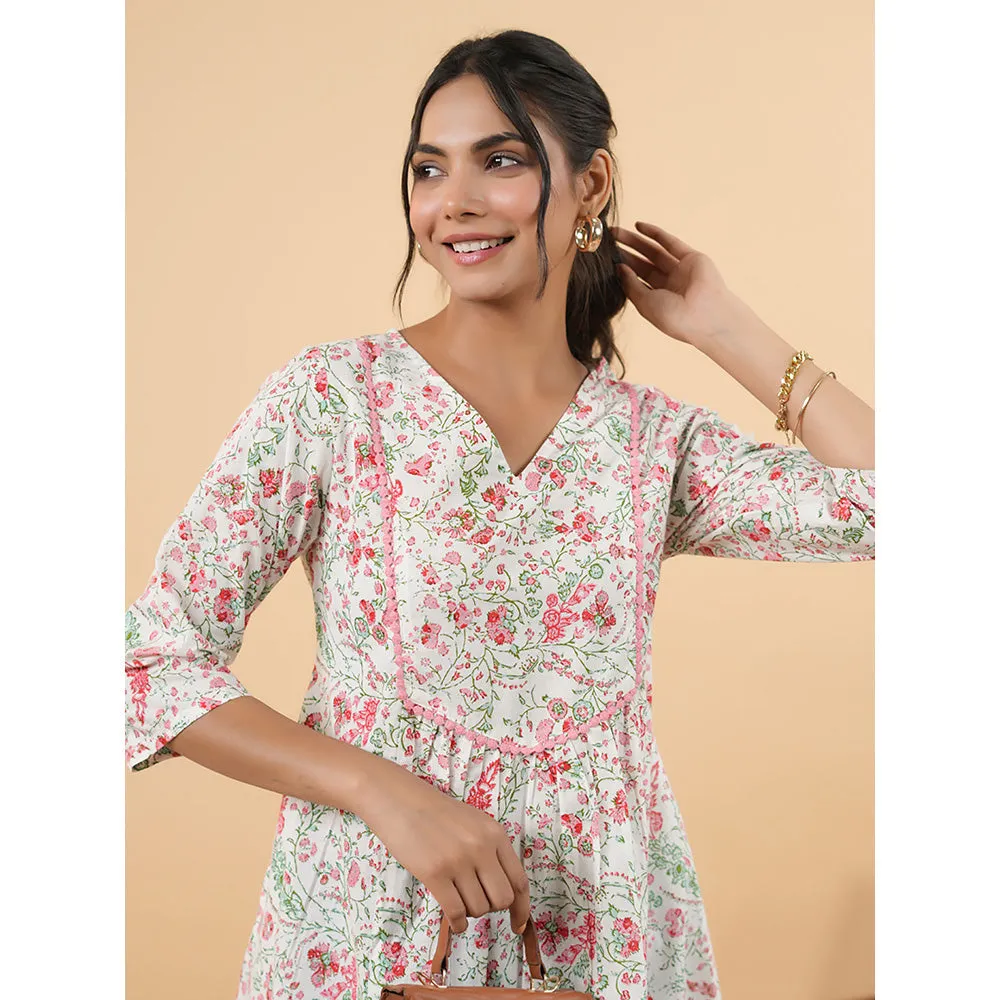 Janasya Women White Cotton Floral A-Line Tunic