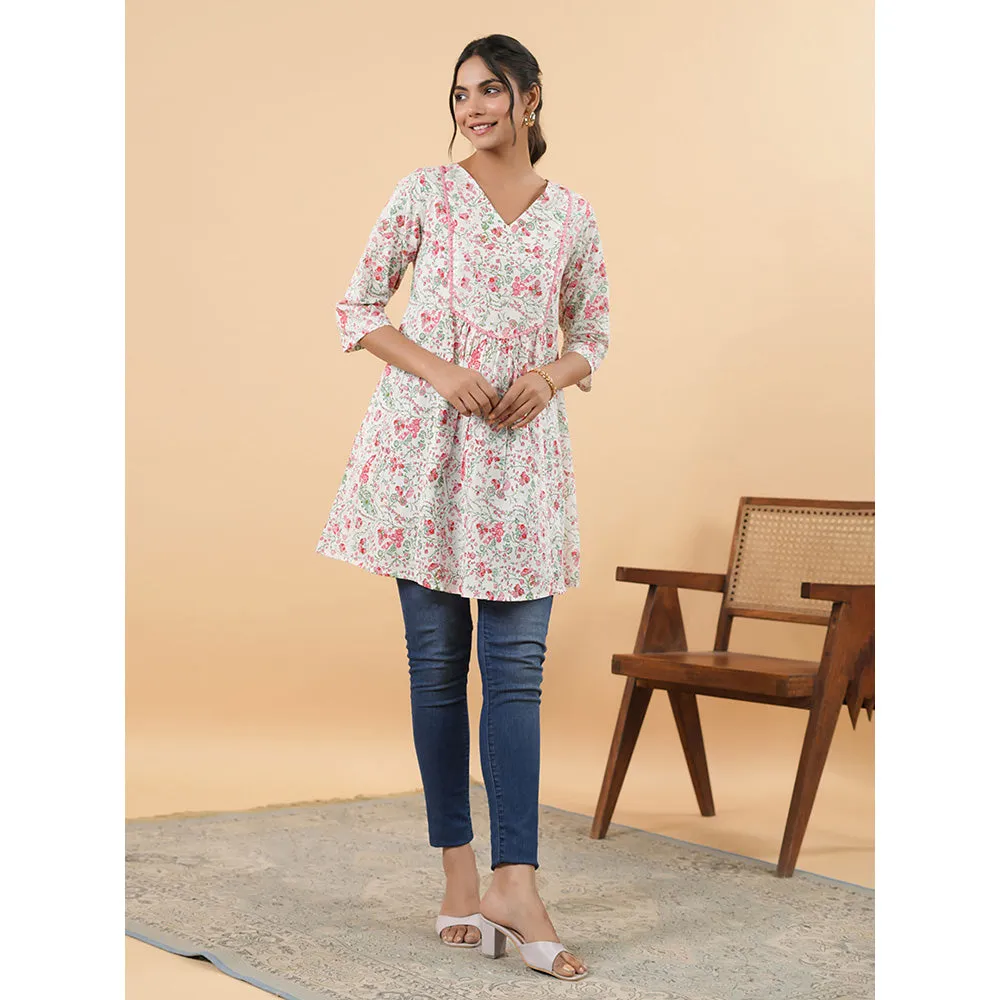Janasya Women White Cotton Floral A-Line Tunic