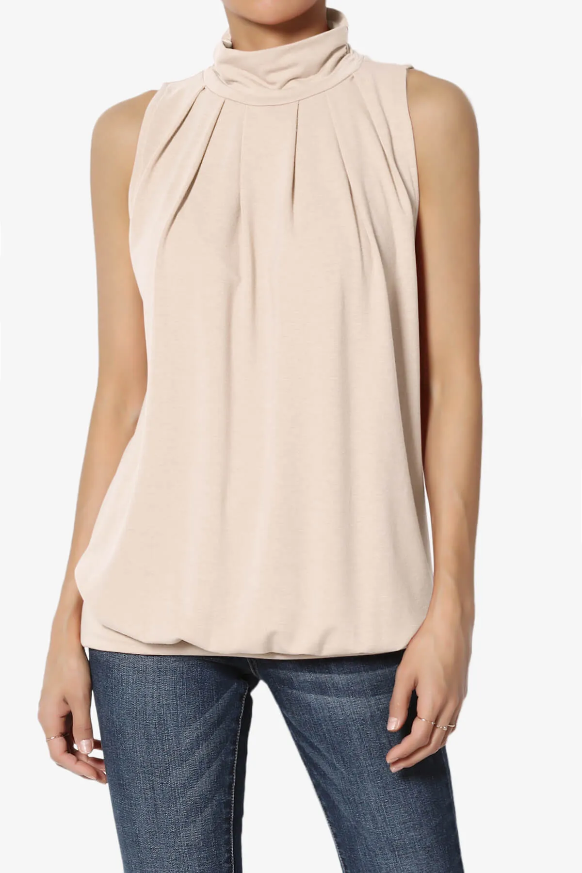 Jibbitz Sleeveless Mock Neck Pleated Top
