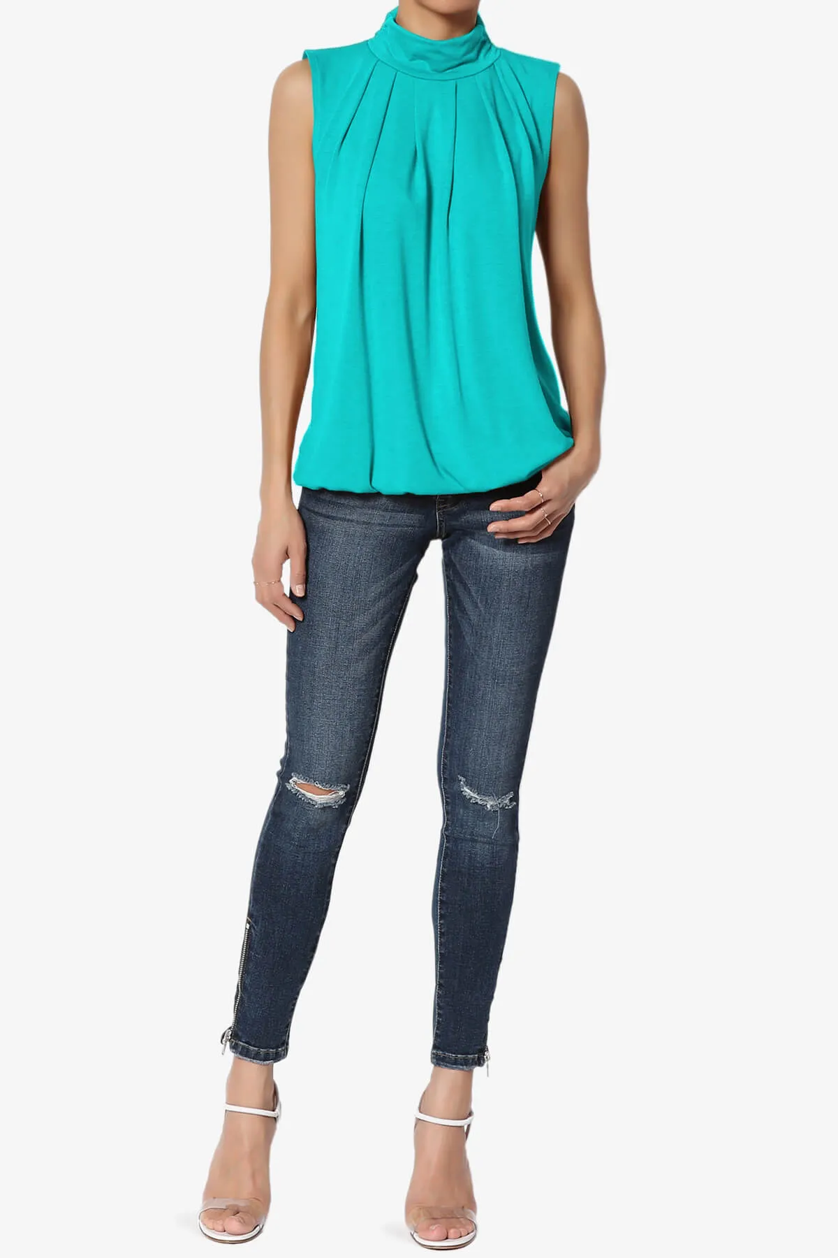 Jibbitz Sleeveless Mock Neck Pleated Top
