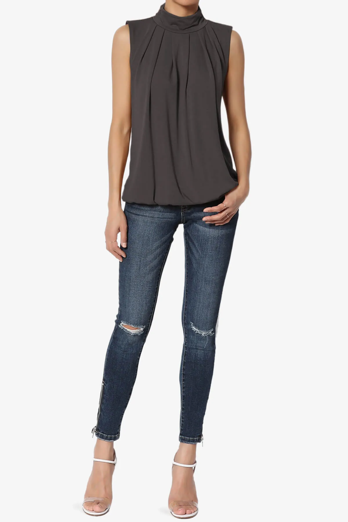 Jibbitz Sleeveless Mock Neck Pleated Top