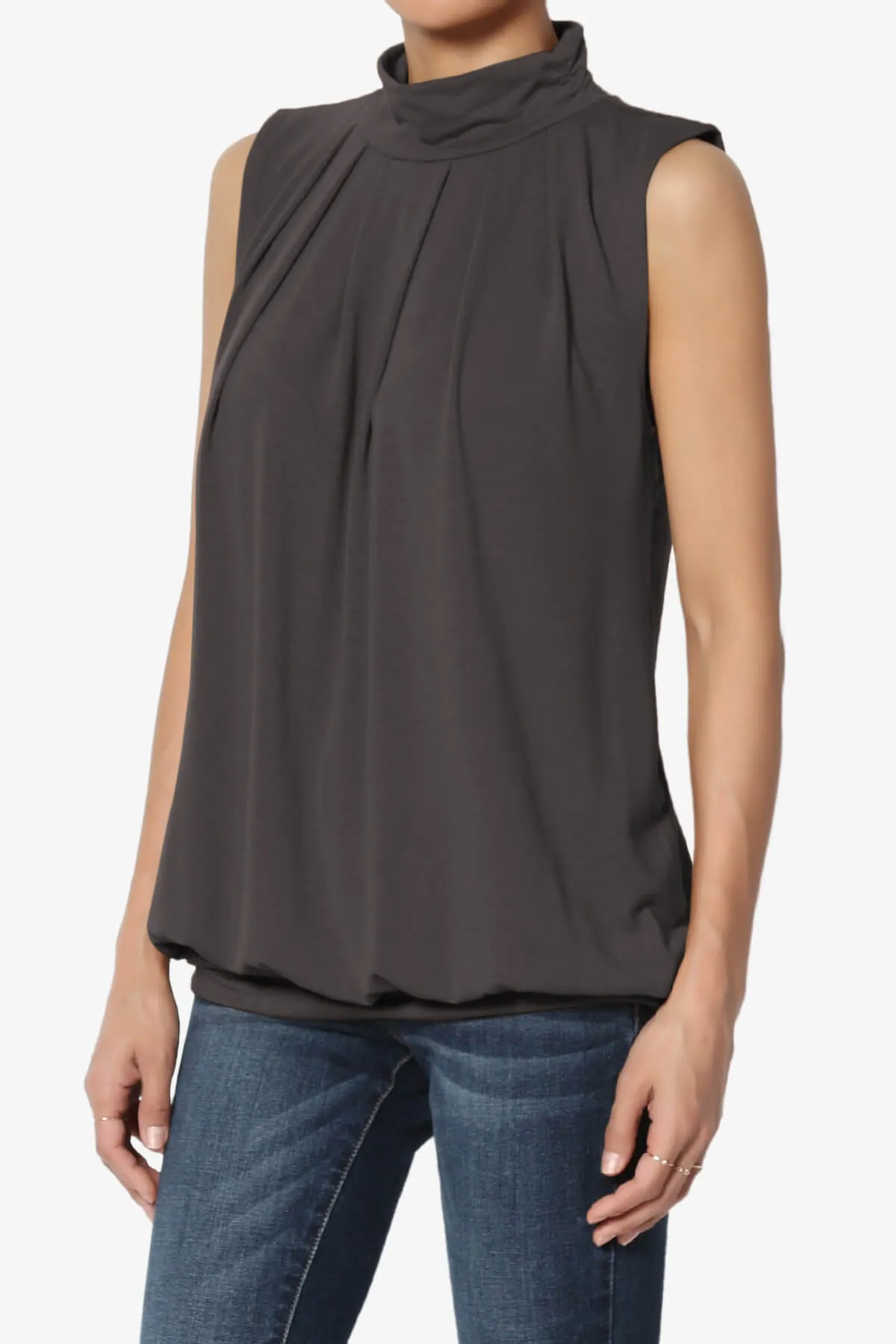 Jibbitz Sleeveless Mock Neck Pleated Top