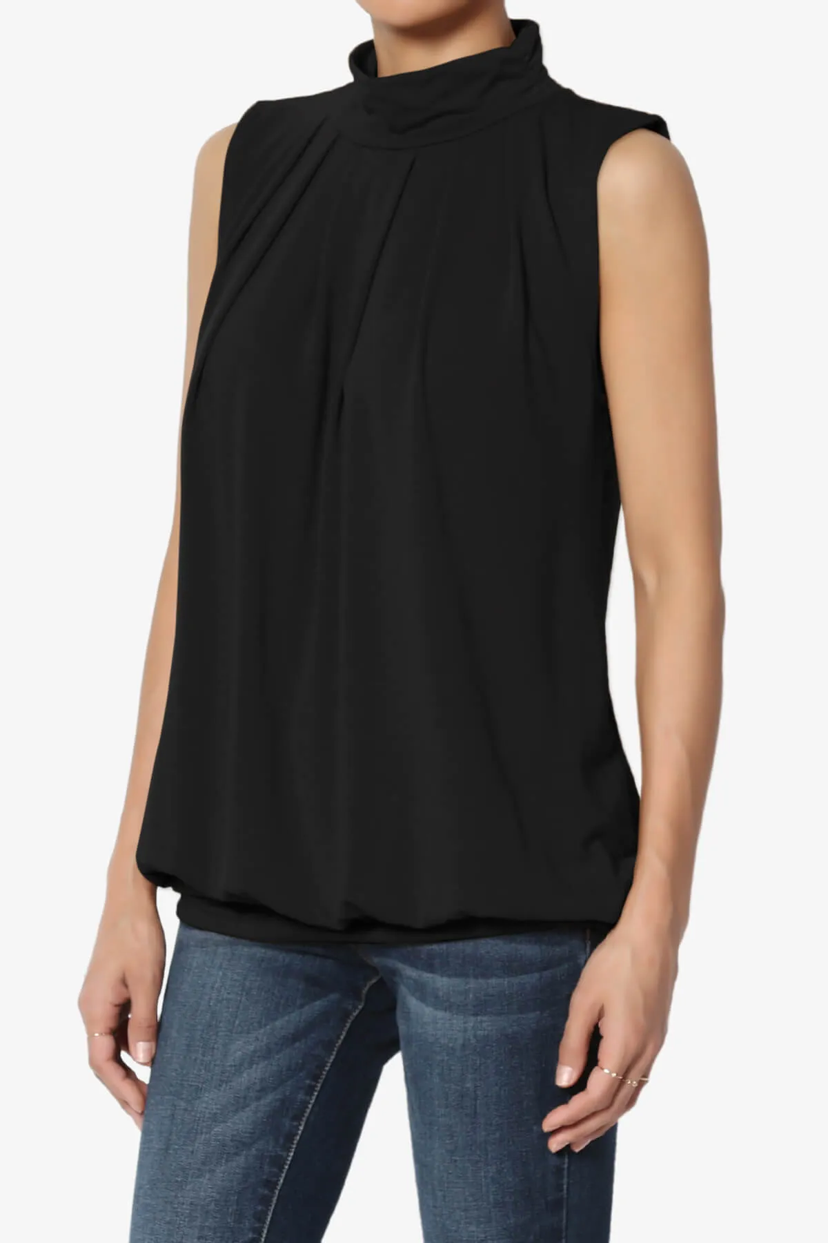 Jibbitz Sleeveless Mock Neck Pleated Top